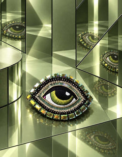 Broche Œil Céleste verte posée sur des surfaces miroir vertes