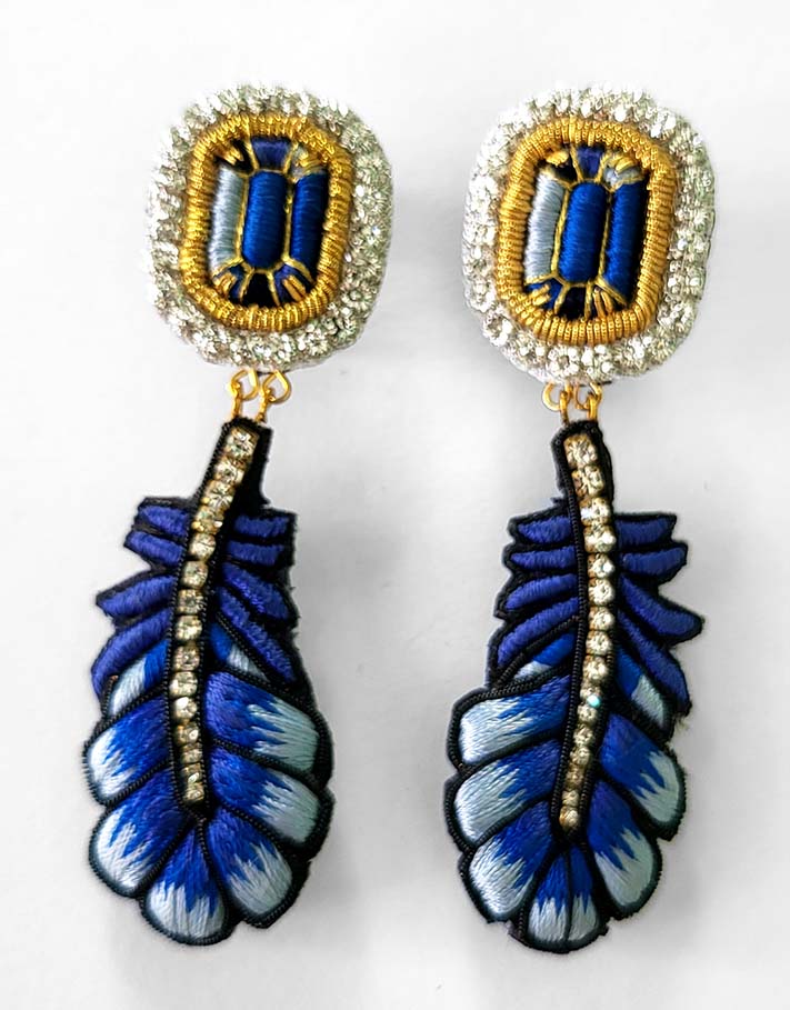 Boucle d'oreille Plume bleue