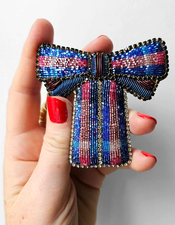 &quot;A pretty Blue &amp; Red bow&quot; brooch