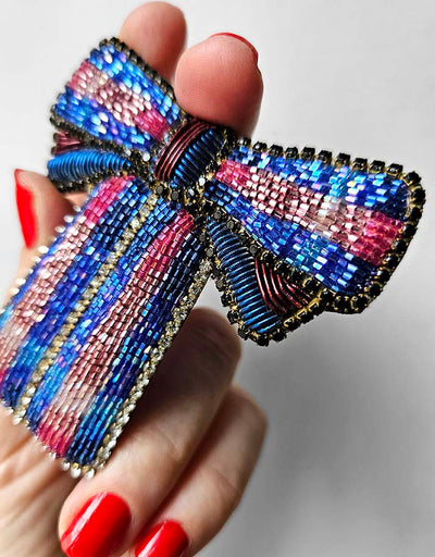 "A pretty Blue & Red bow" brooch