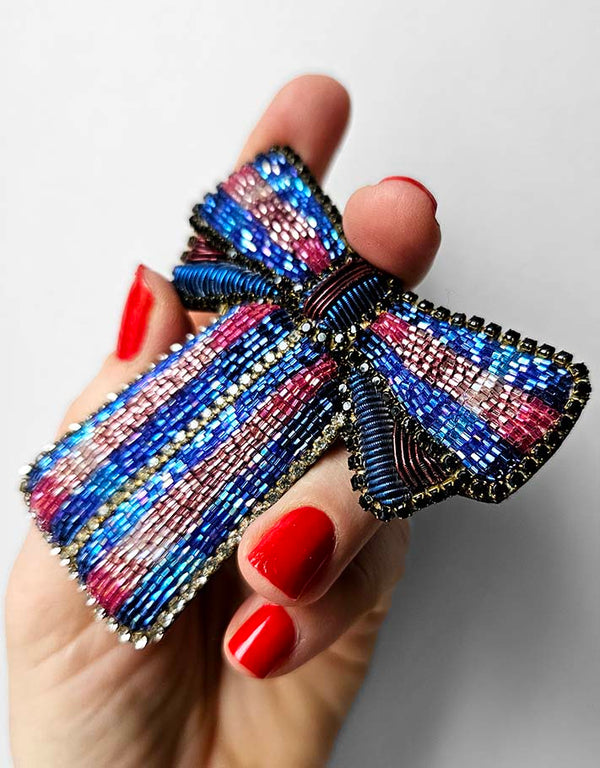 &quot;A pretty Blue &amp; Red bow&quot; brooch
