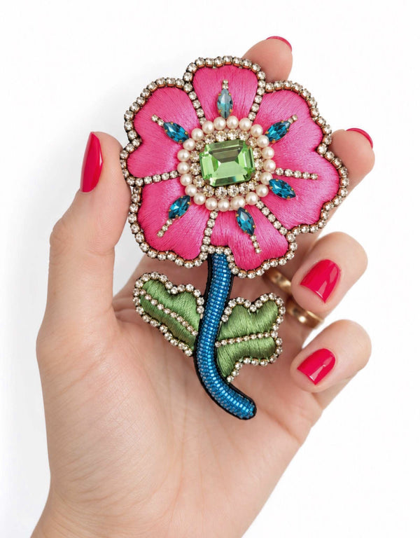 Pre-order – available November 30 – Large Fuchsia Emerald Flower Brooch — 1
