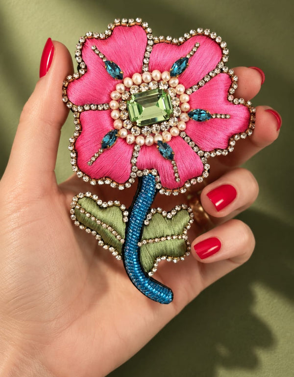 Pre-order – available November 30 – Large Fuchsia Emerald Flower Brooch — 1