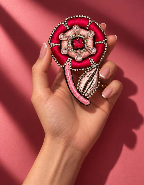 Pre-order – available November 30 – Raspberry Pink Stylized Flower Brooch — 1