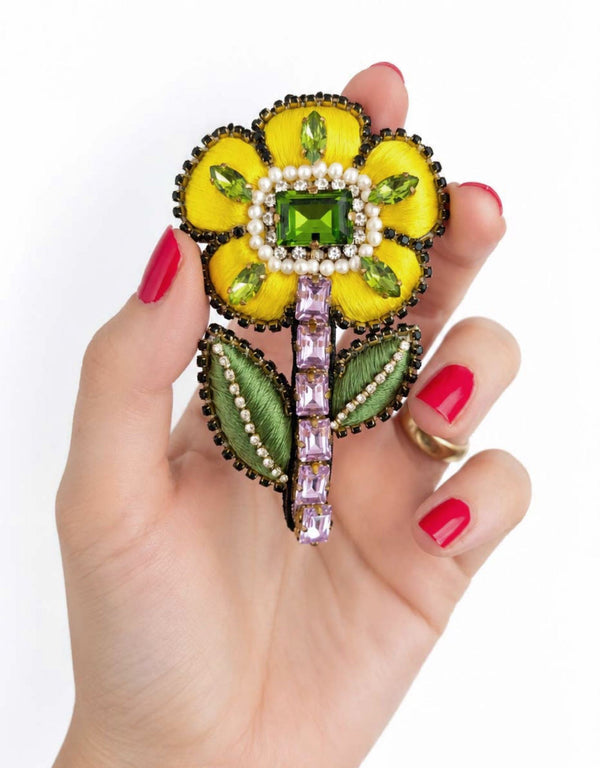 Pre-order – available November 30 – Yellow Flower Crystal Stem Brooch — 1