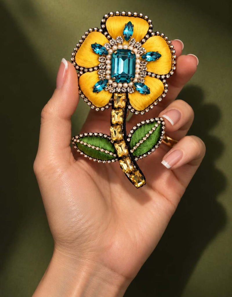 Pre-order – available November 30 – Yellow Flower Crystal Stem Brooch