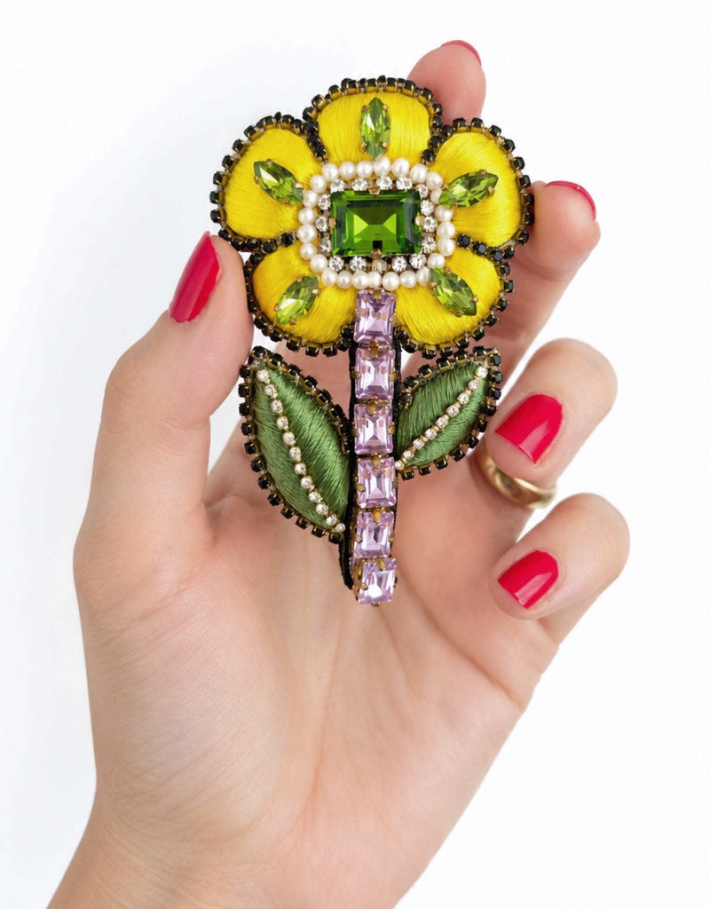 Pré-commande – disponible le 30 novembre – Broche fleur soleil Jaune Émeraude