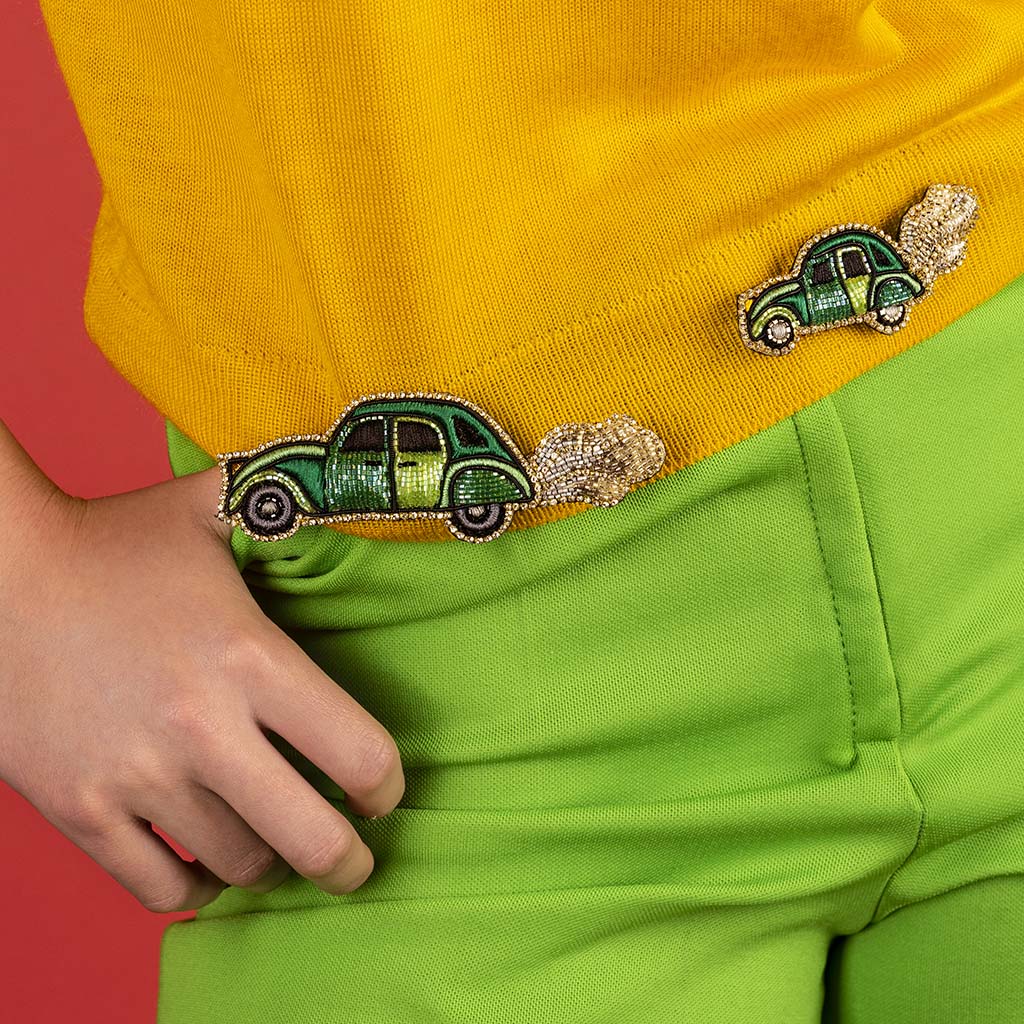 Composition of colorful Céleste Mogador car brooches