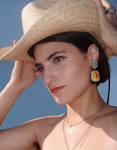 Boucles d’oreilles à clip Youkounkoun – Citrine et aigue-marine – S de Céleste Mogador, vue de face