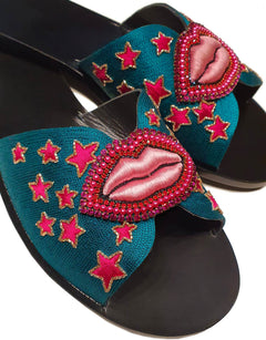 Sandali ricamati «Labbra rosa» – Blu petrolio — 2